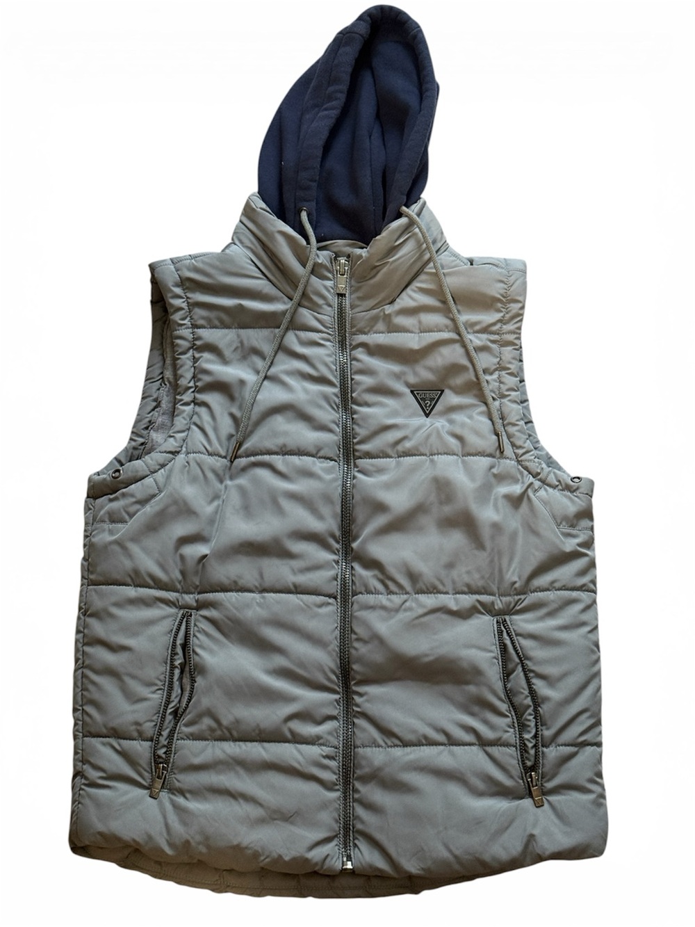 Guess Men’s Light Gray Quilted Vest with Navy Hood